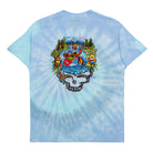 Tie-dye t-shirt with a colorful graphic design on a white background