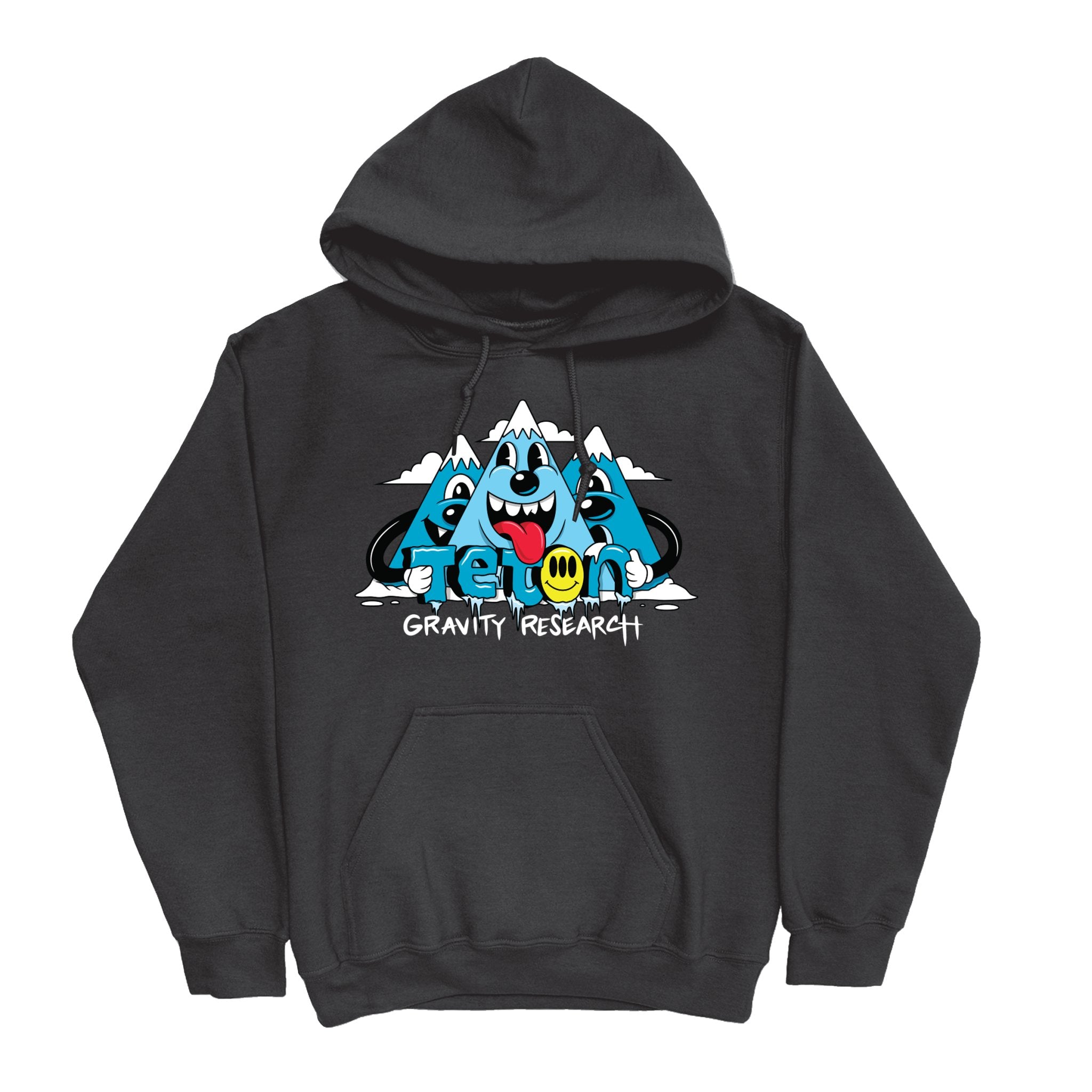 GREG MIKE x TGR "HIGHSPEED" Hoodie with a Greg Mike design on the chest of three mountains with cartoon faces on them.