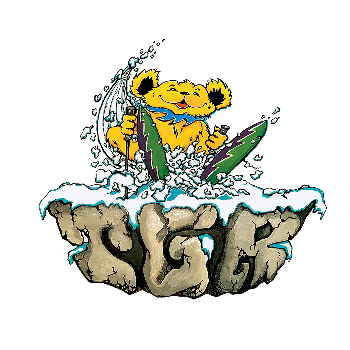 CLOSEUP of FRONT Art: Yellow Grateful Dead Bear Skiing on top of TGR stone lettering on the left chest area.