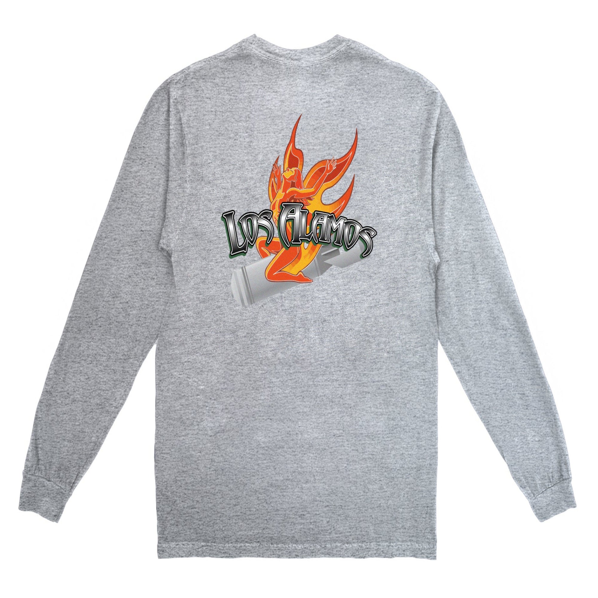Gray long-sleeve shirt with a fiery logo on the back against a white background