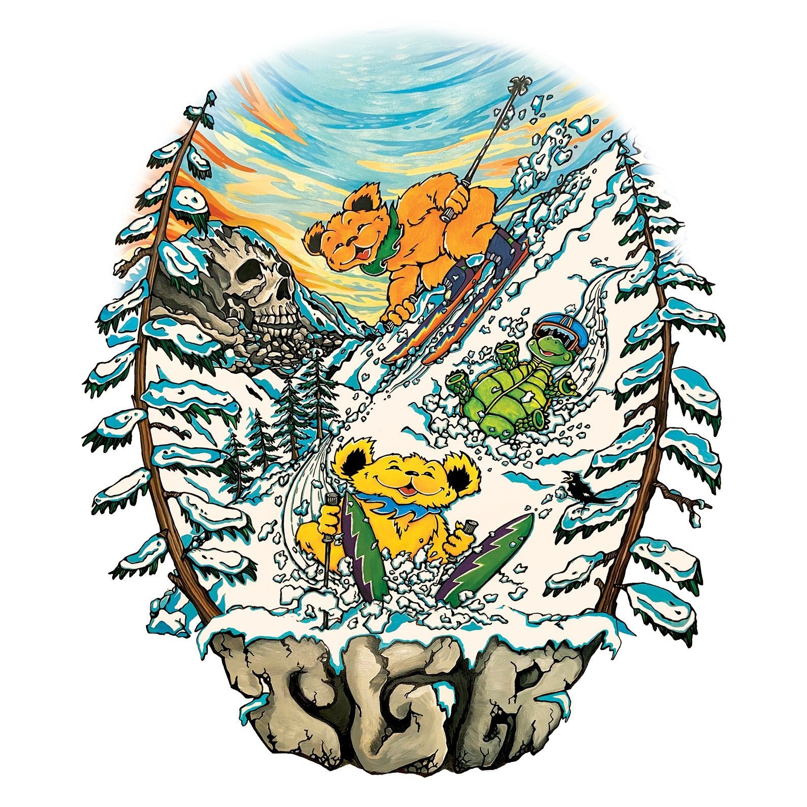 CLOSEUP of BACK Art: Alpenglow sky with two Grateful Dead Bears (one orange, one yellow)skiing with a Terrapin Turtle sliding down the hill on it's back. The scene is bordered by two snow covered pine trees and has TGR stone lettering on bottom border. Grateful Dead Iconography is mixed into the scene with Bolt skis and Skull cliffs.