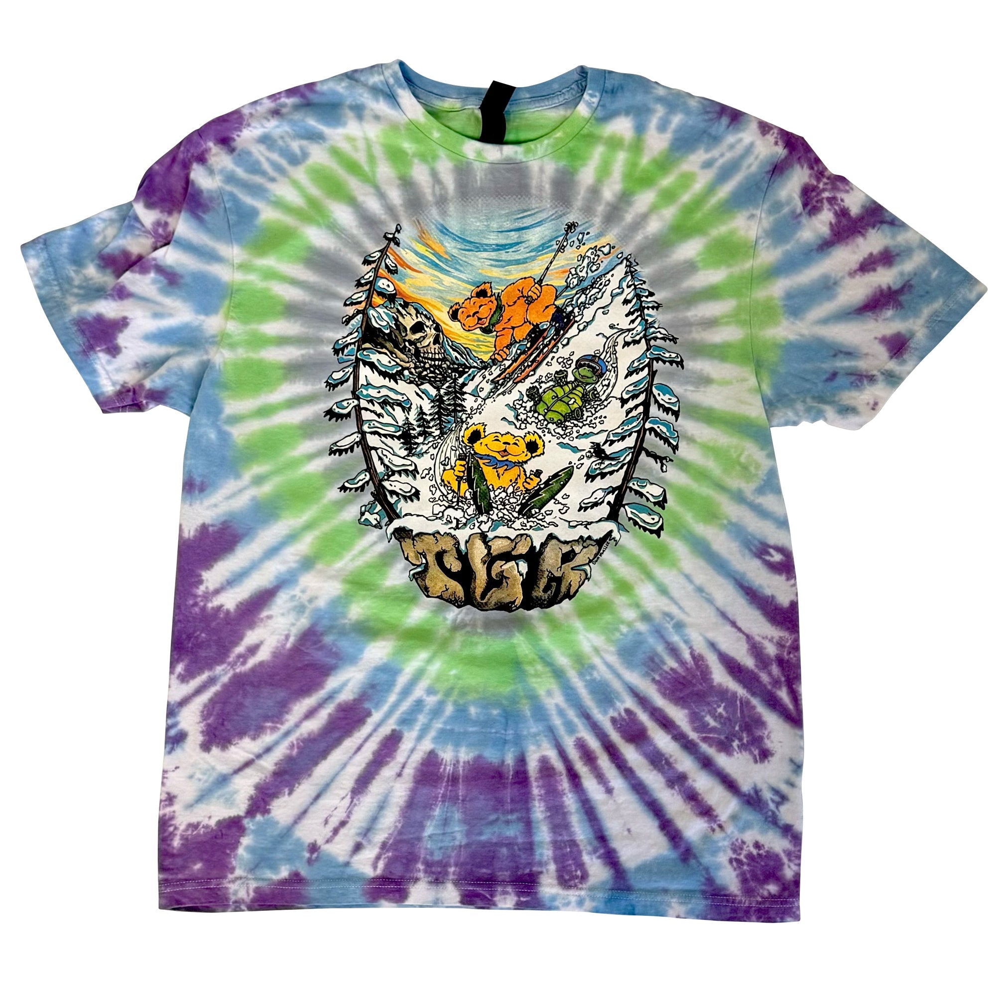 FRONT: Blue, Green, Purple, and Grey circle tie dye short sleeve tee. Artwork is alpenglow sky with two Grateful Dead Bears (1 orange, 1 yellow) skiing with a Terrapin Turtle sliding down the hill on it's back. The scene is bordered by two snow covered pine trees and has TGR stone lettering on bottom border. Grateful Dead Iconography is mixed into the scene with Bolt skis and Skull cliffs.
