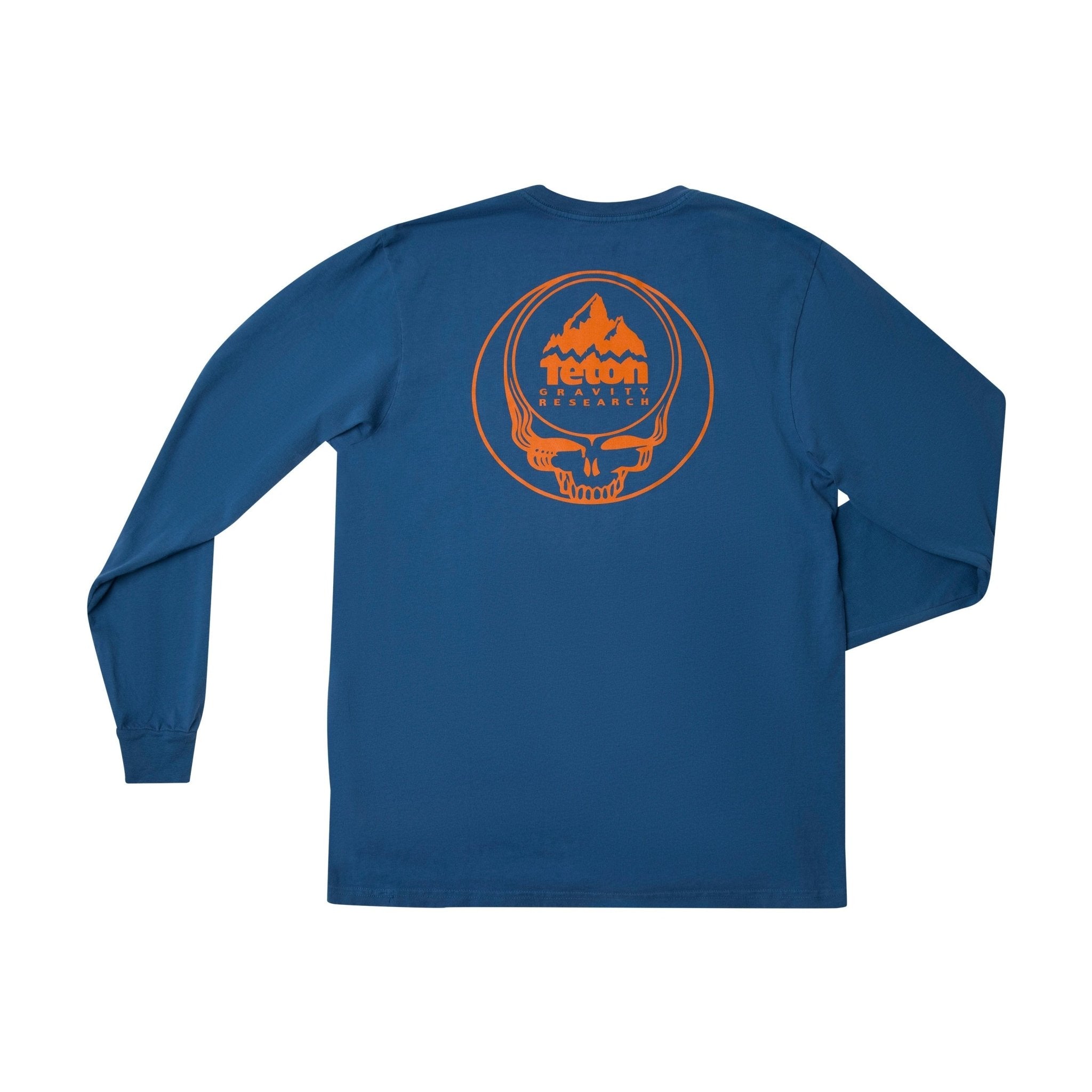 Grateful Dead x TGR Steal Your Face Long Sleeve. Pictures shows the back of the shirt with the Steal Your Face Teton Gravity Research skull logo. #color_bearing sea blue