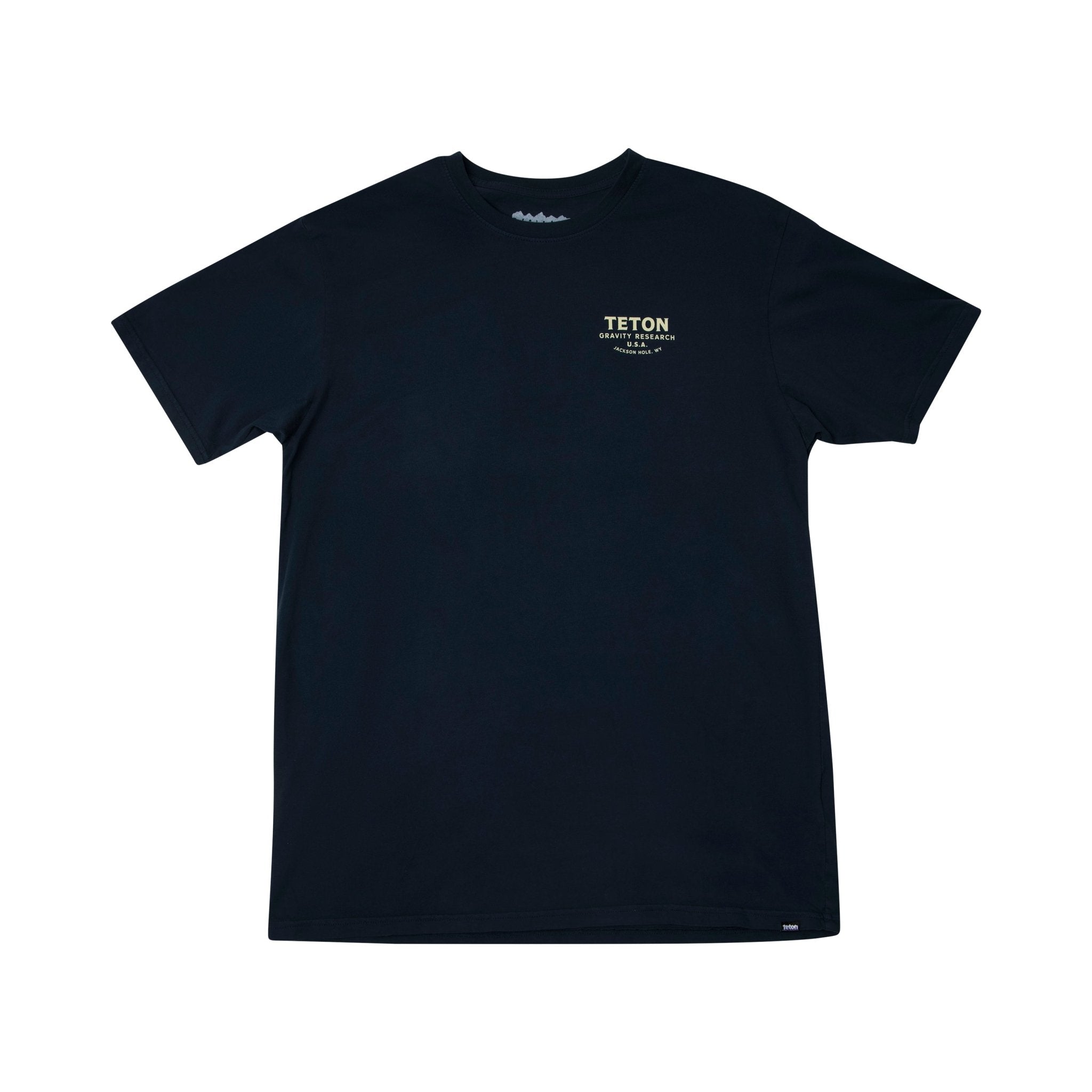 Front of lonesome cowboy t-shirt. A black tishirt with "Teton Gravity Reasearch U.S.A, Jackson Hole WY" lettering on the right chesh area #color_navy