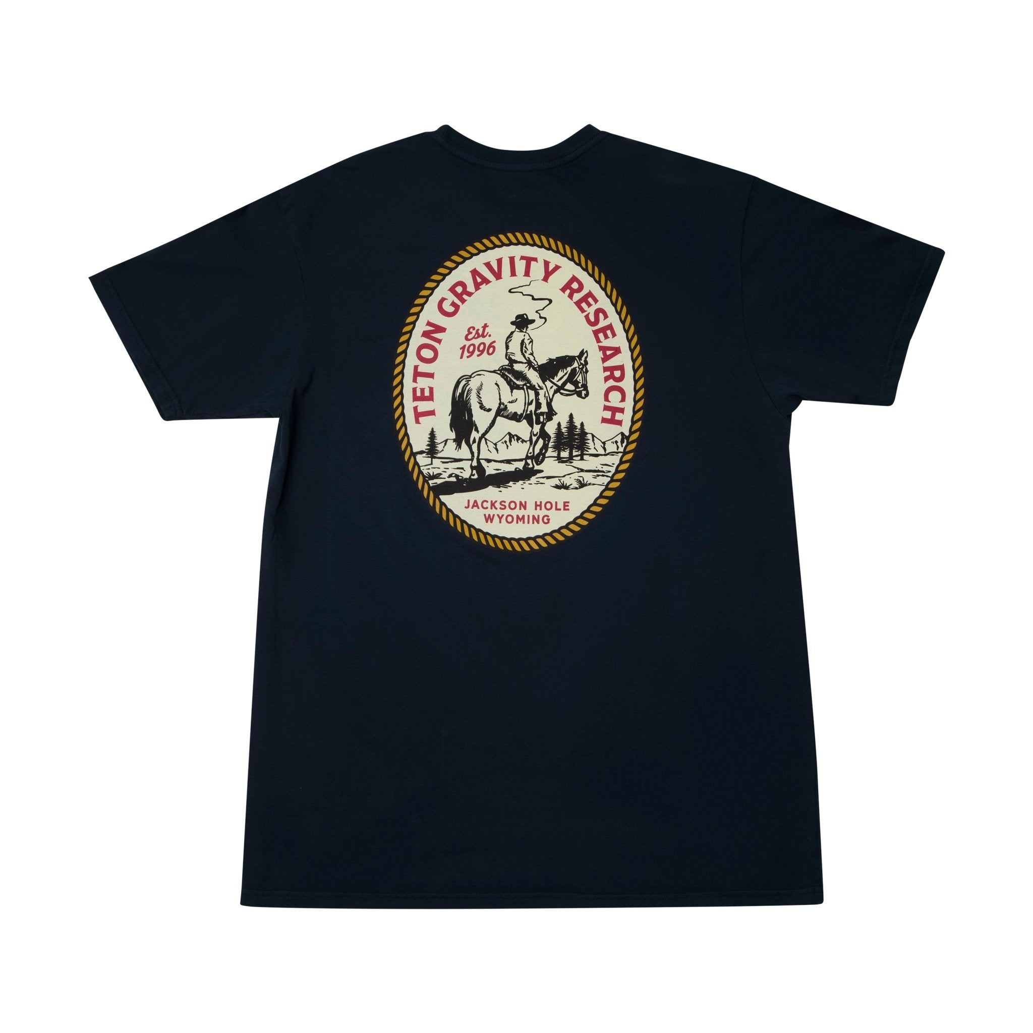 black t-shirt with lonesome cowboy graphic on back of t-shirt. Graphic shows a cowboy on a horse with est. 1996, Jackson hole Wyoming letter on it. #color_navy