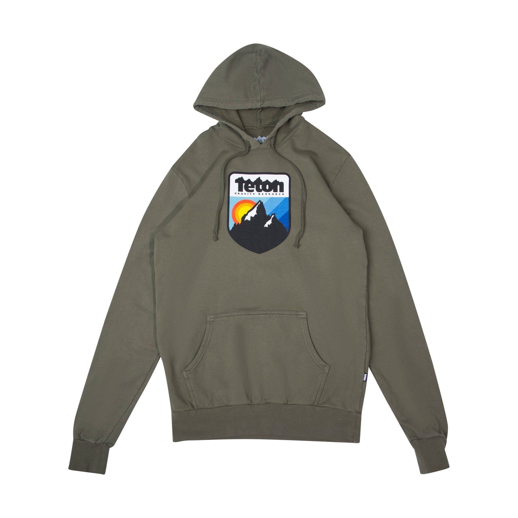 Retro Camp Hoodie 2.0 - Teton Gravity Research. Army green colored sweatshirt with Teton Gravity Research logo with mountains and colorful sunset. #color_Army Green
